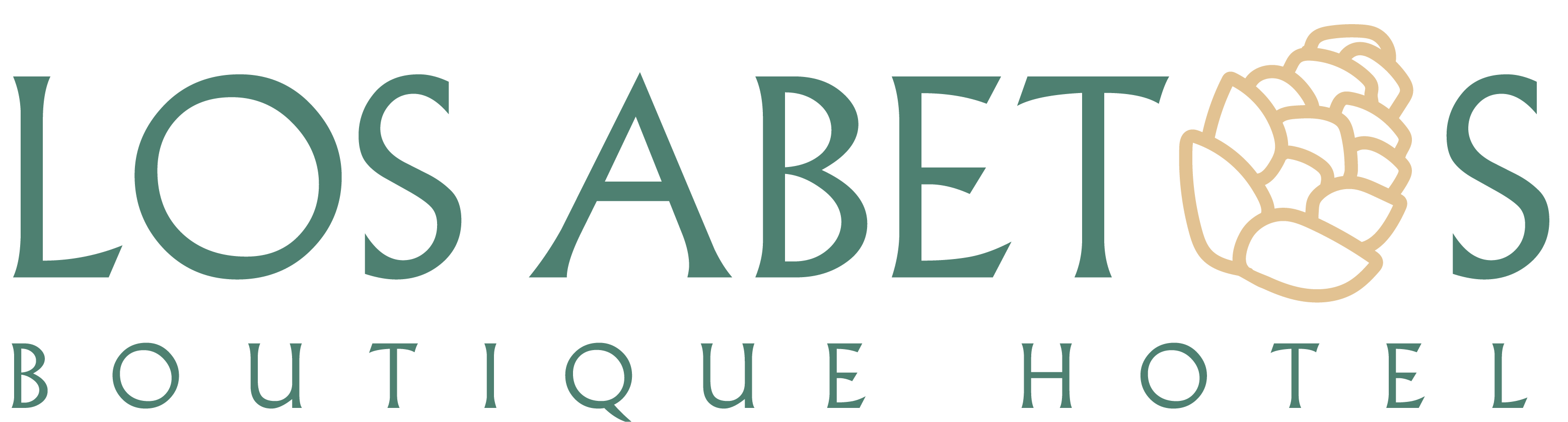 "Logo de Los Abetos Boutique Hotel con el nombre del hotel en color verde y una figura de abeto en color dorado."