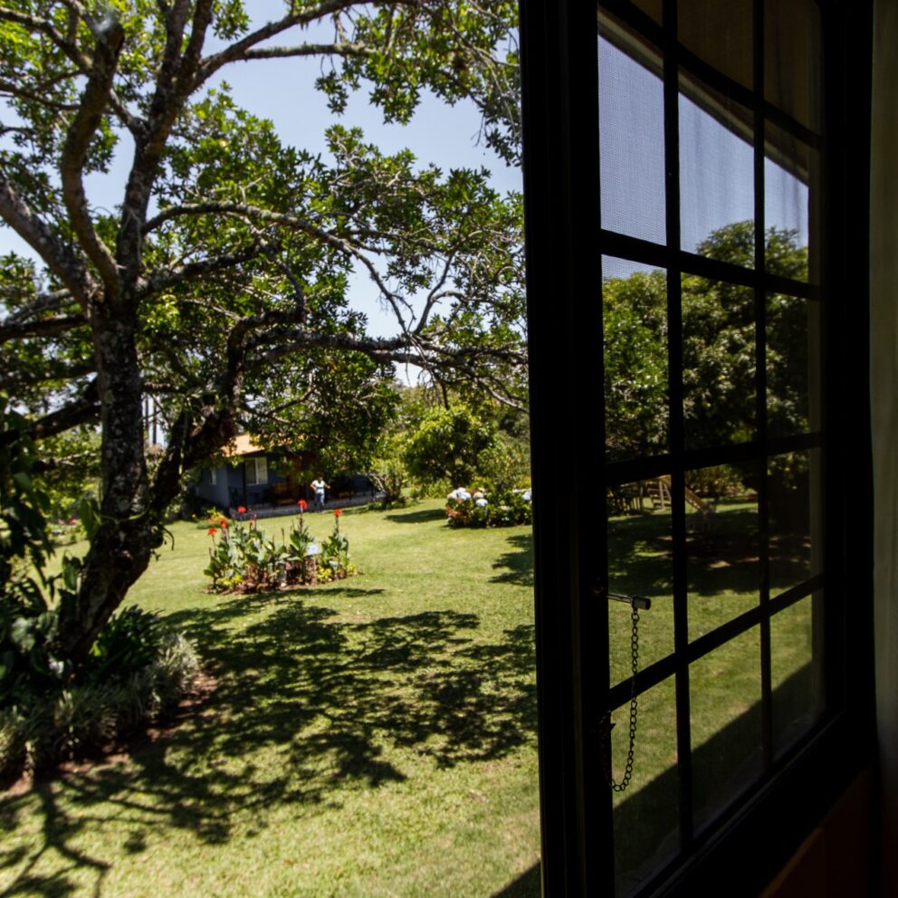 "Vista al jardín desde la ventana de la habitación Piedra de Lino en Los Abetos"