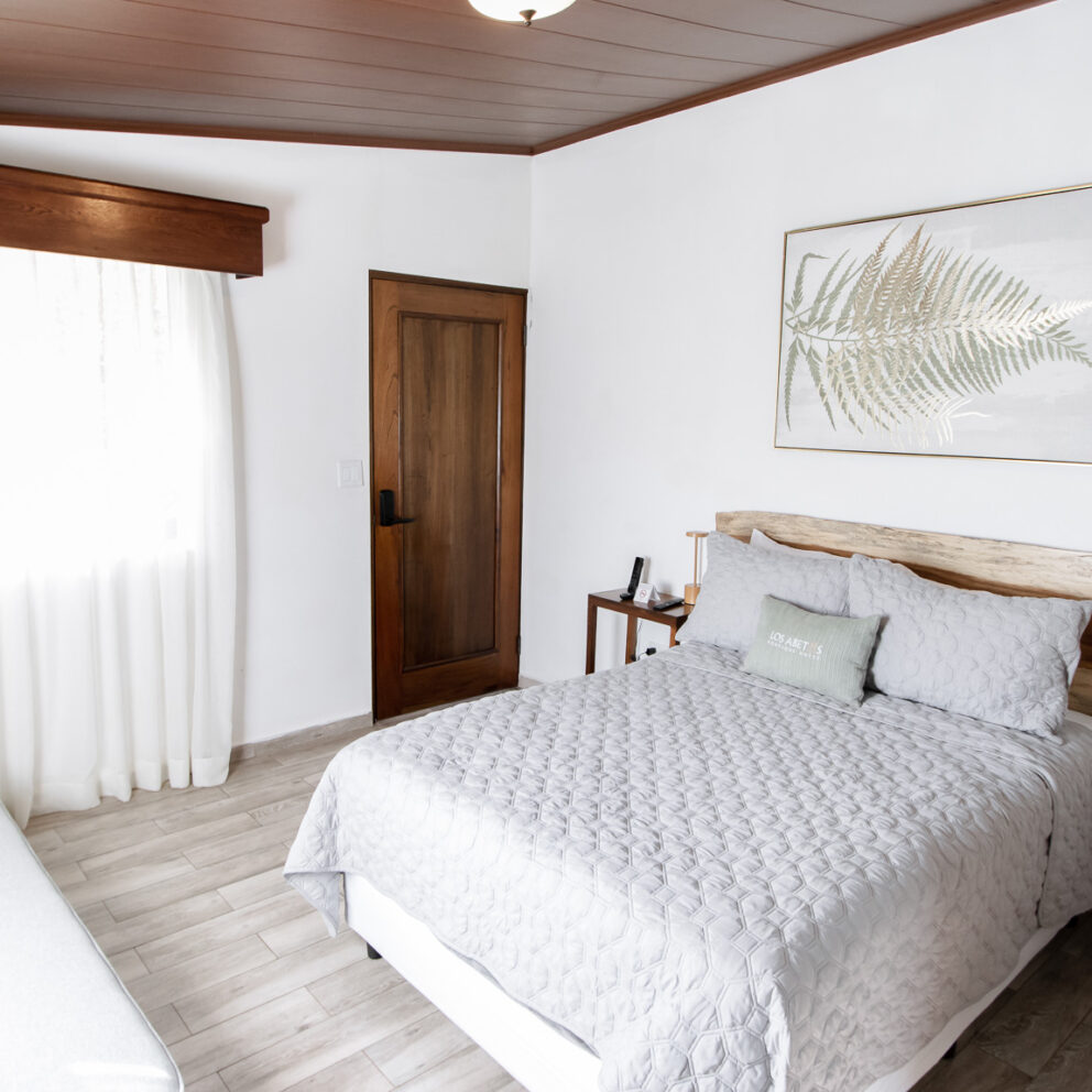 "Habitación de Cabaña con Cama Queen y Diseño Moderno y Acogedor"